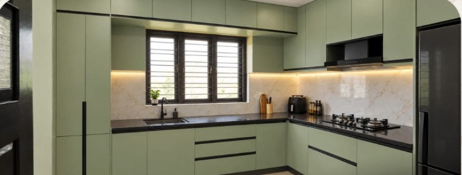 Modular kitchen with sage green cabinets and granite counter, Trivandrum