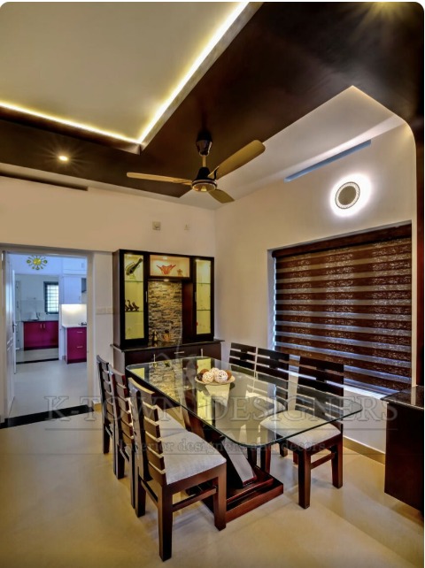 Dining area with false ceiling and crockery unit, Trivandrum